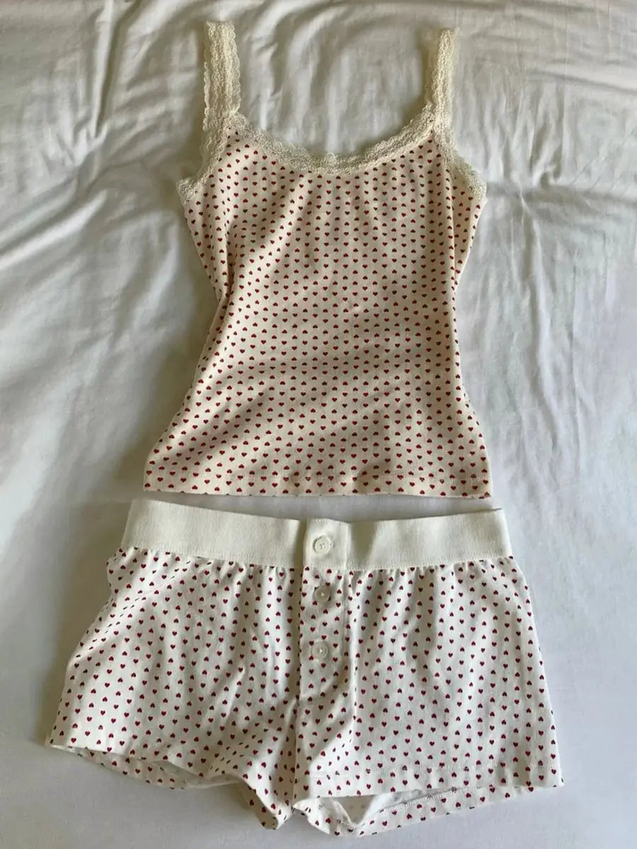 Strawberry Print Vest And Shorts Set For Women Eyelet Bow Tank Top