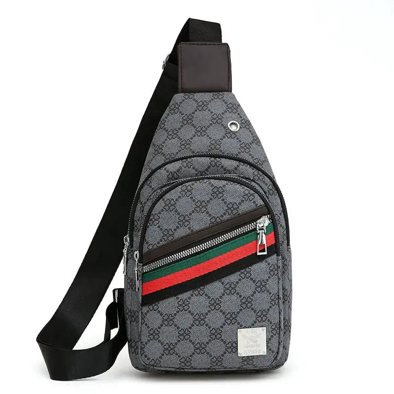 Men's crossbody messenger bag by Simples Market, gray logo-pattern fabric with earphone hole and green-red-green stripe.