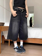Harajuku High Waist Black Retro Washed Denim Shorts For Women Vintage Casual Loose Fit With Y2K Wide Leg Streetwear