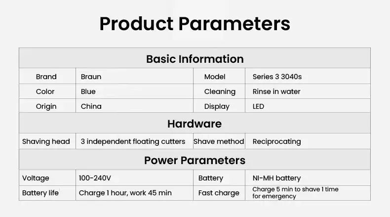 Braun electric shaver 3 Series ProSkin parameters table; blue color, LED display, 100–240V, reciprocating shaving.