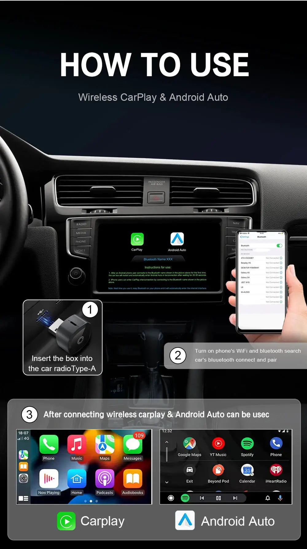 XUDA 2in1 wireless CarPlay & Android Auto adapter, black, by Simples Market