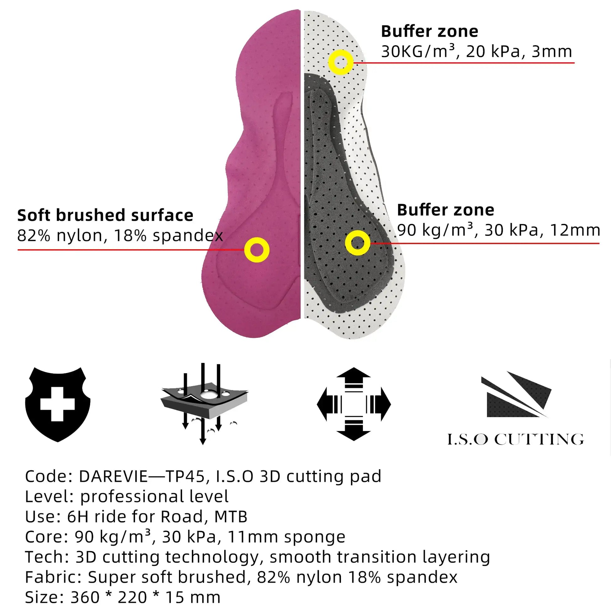 DAREVIE men's cycling bib shorts 2.0 Pro from Simples Market; pink and gray layered padding diagram.