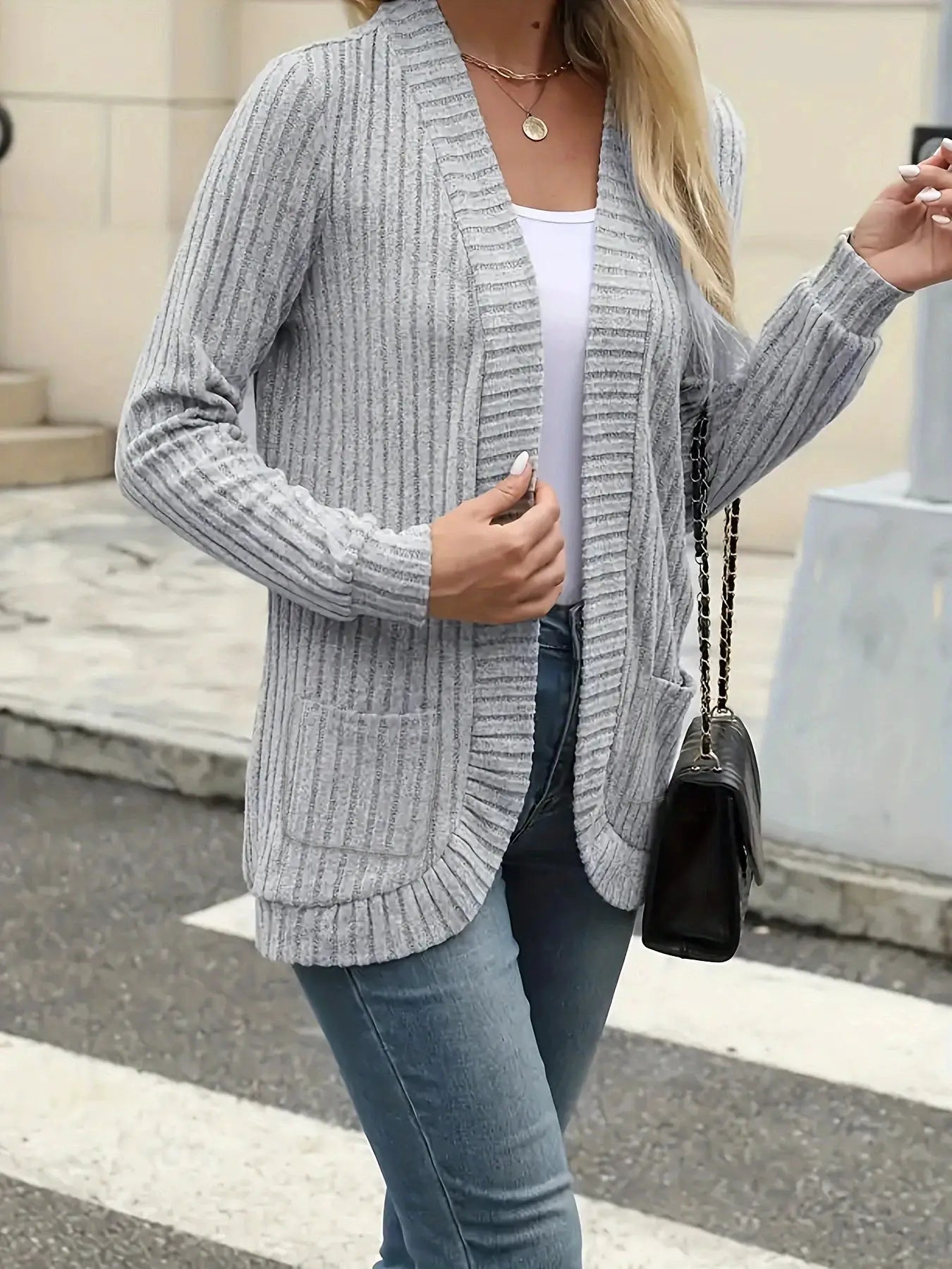 StyleNest Solid Color Brushed Pinstripe Cardigan Jacket For Women With Cozy Warmth And High Stretch Knit