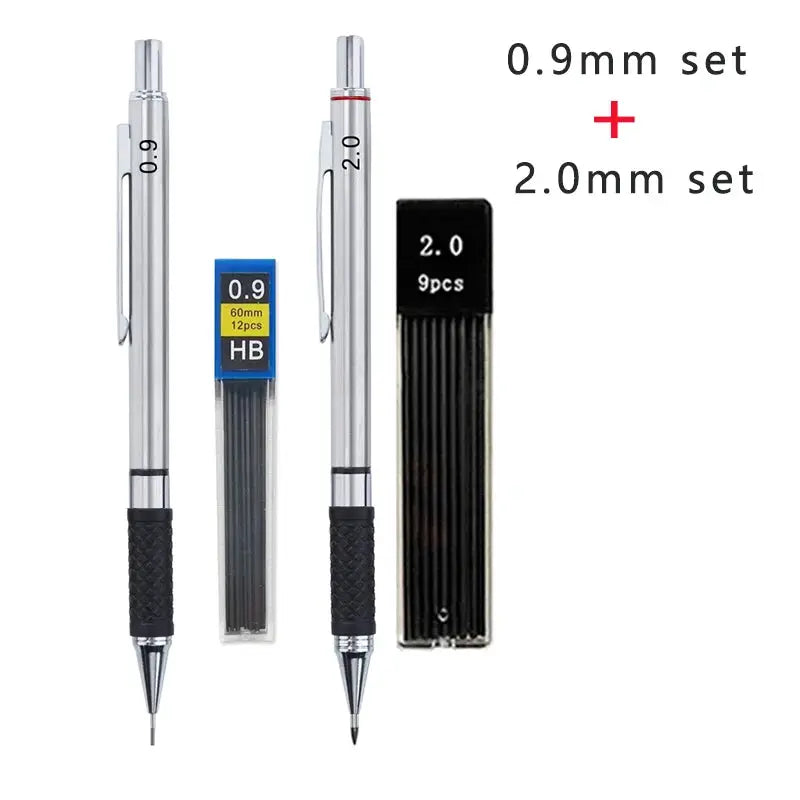 Simples Market metal mechanical pencil set with 0.9mm and 2.0mm leads; two silver pencils with grip and lead packs.