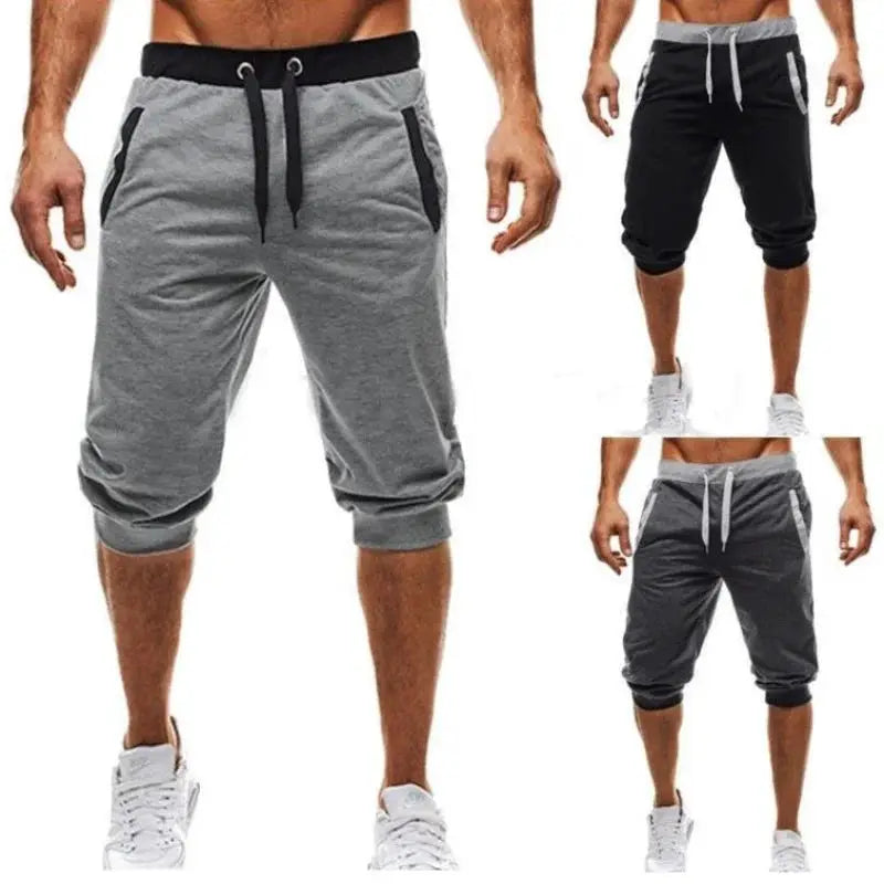Men's 3/4 length jogger pants from Simples Market, gray/black with elastic waistband and drawstring, three colorways