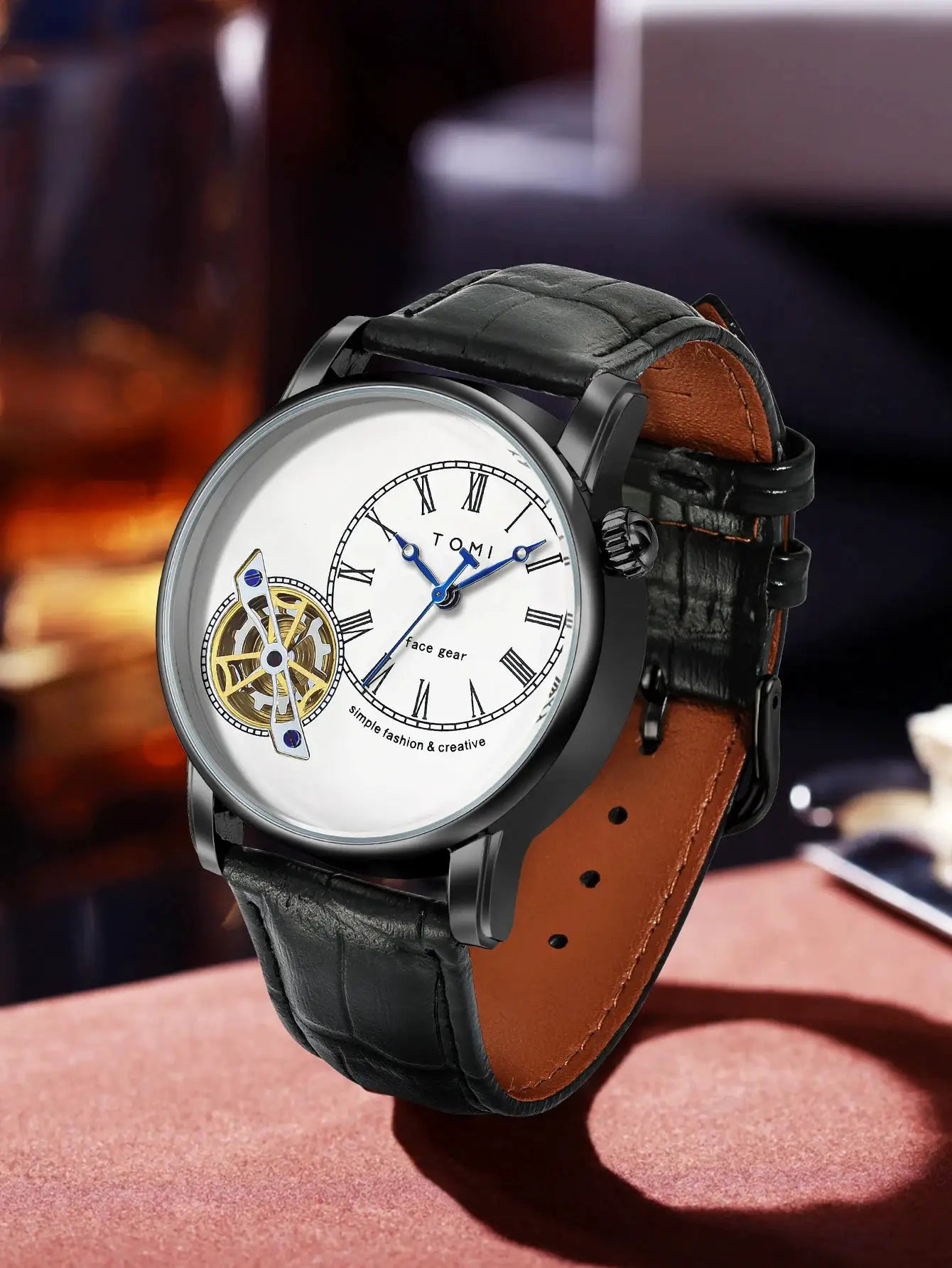 TOMI men's quartz watch with white dial, Roman numerals, blue hands, exposed gear, double black and brown leather strap