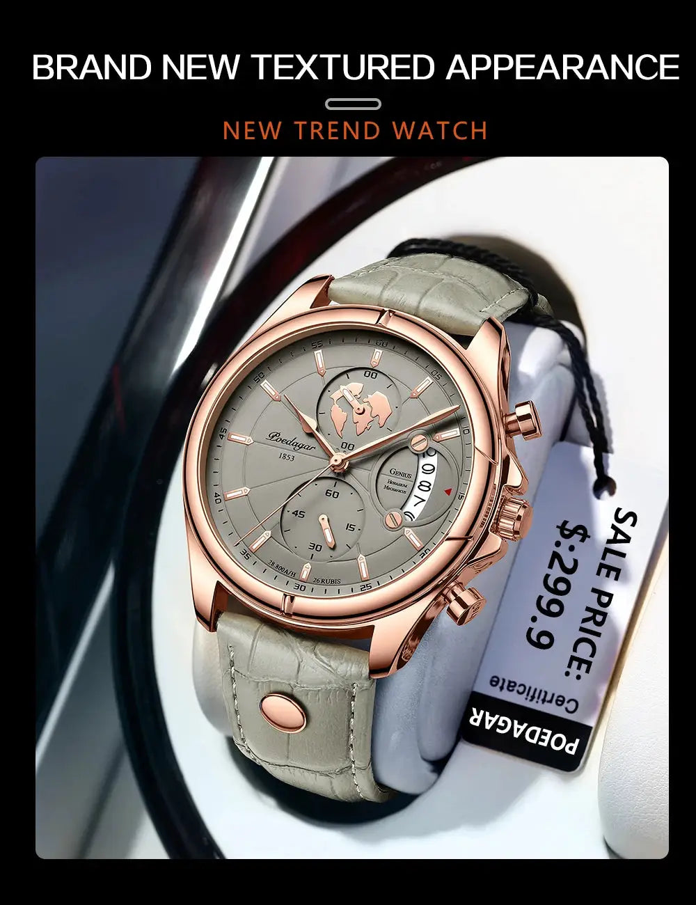 POEDAGAR men's rose-gold chronograph watch with grey dial and beige leather strap