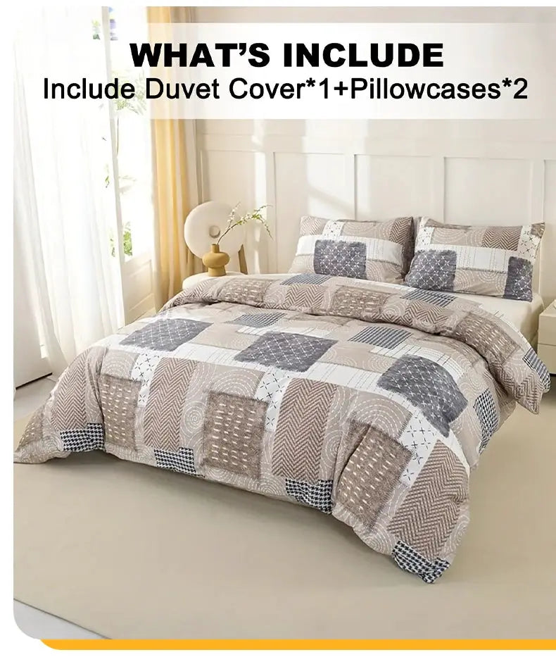 3-piece patchwork duvet cover set in beige and gray tones; includes duvet cover and two pillowcases.