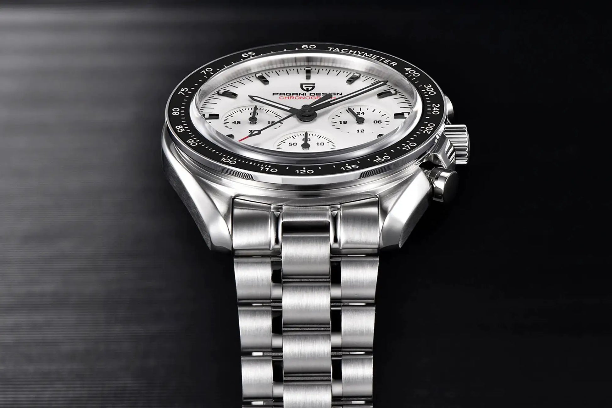 Pagani Design men's stainless steel chronograph watch with white dial and tachymeter bezel
