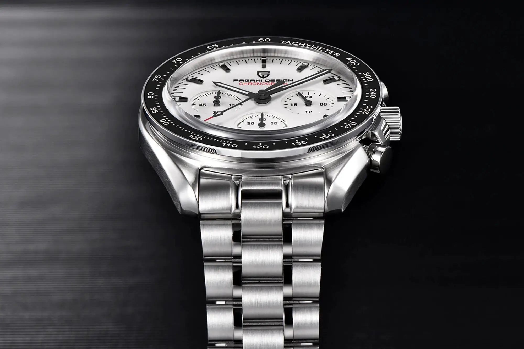 PAGANI DESIGN stainless steel men's chronograph watch with white dial and tachymeter bezel