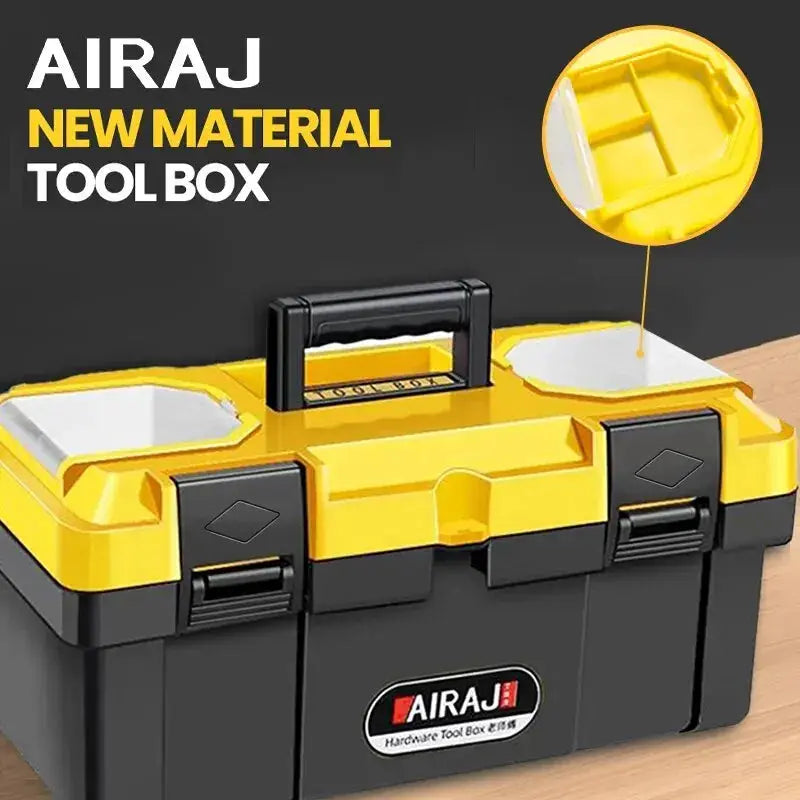 AIRAJ ABS plastic tool storage box with yellow lid, black body and carry handle, portable tool organizer.