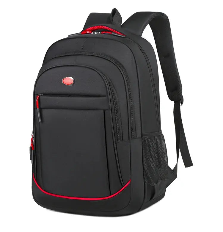 Backpack by Simples Market, black with red zipper accents, large-capacity for travel, office, school, and commuting.