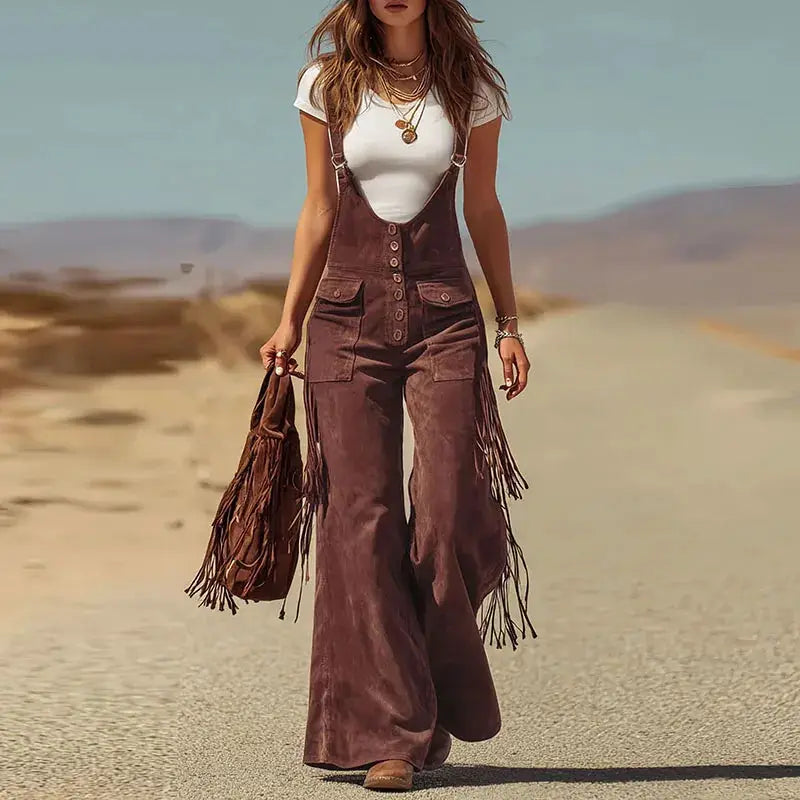 Simples Market brown suede overalls jumpsuit with fringe tassels and front buttons
