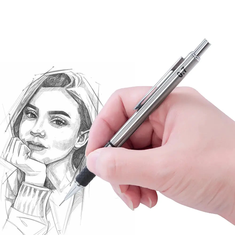 Metal mechanical pencil with grip, silver body; Simples Market brand for art drawing and sketching.