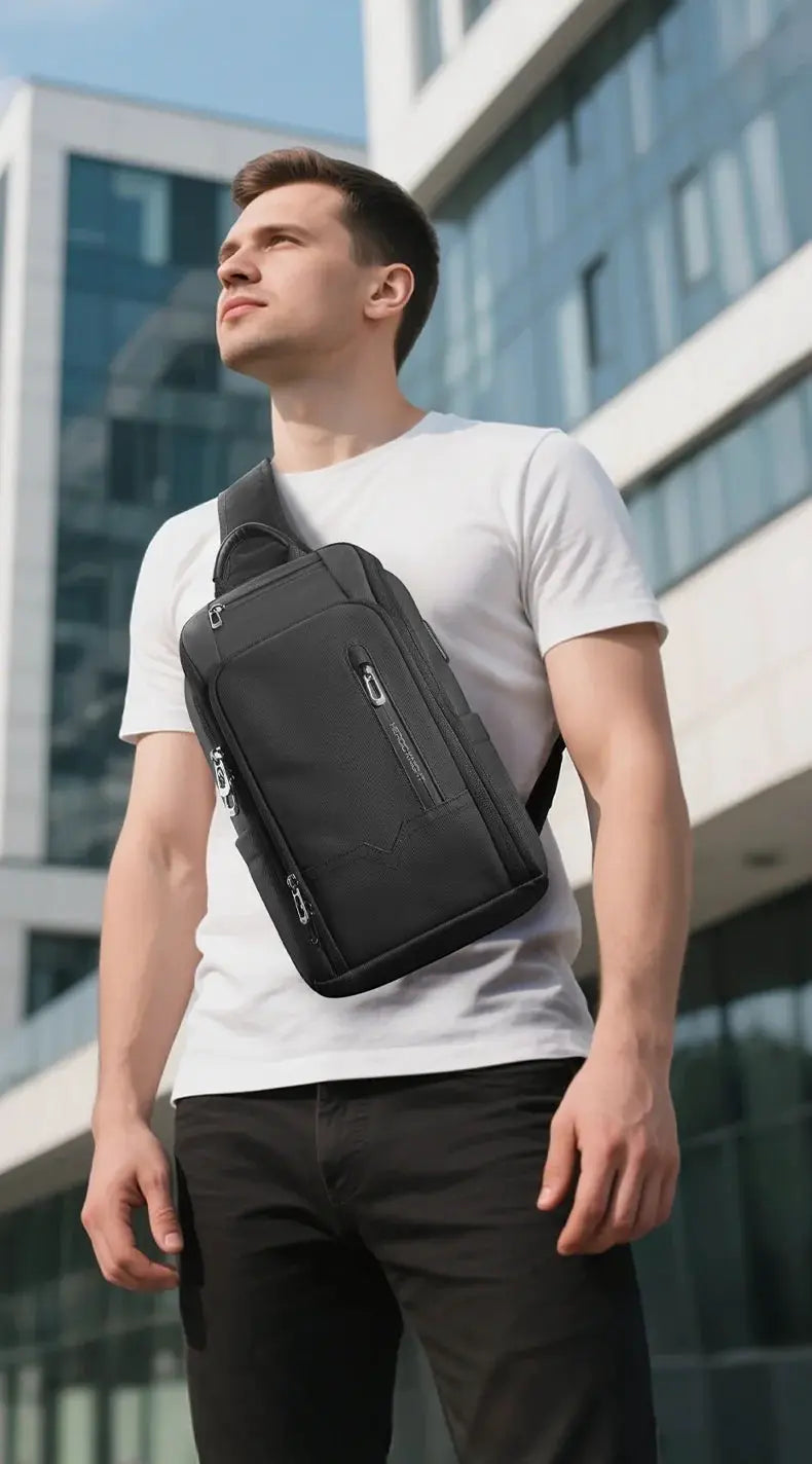 Men's black crossbody shoulder bag with multiple pockets, worn by a man in a white t-shirt.