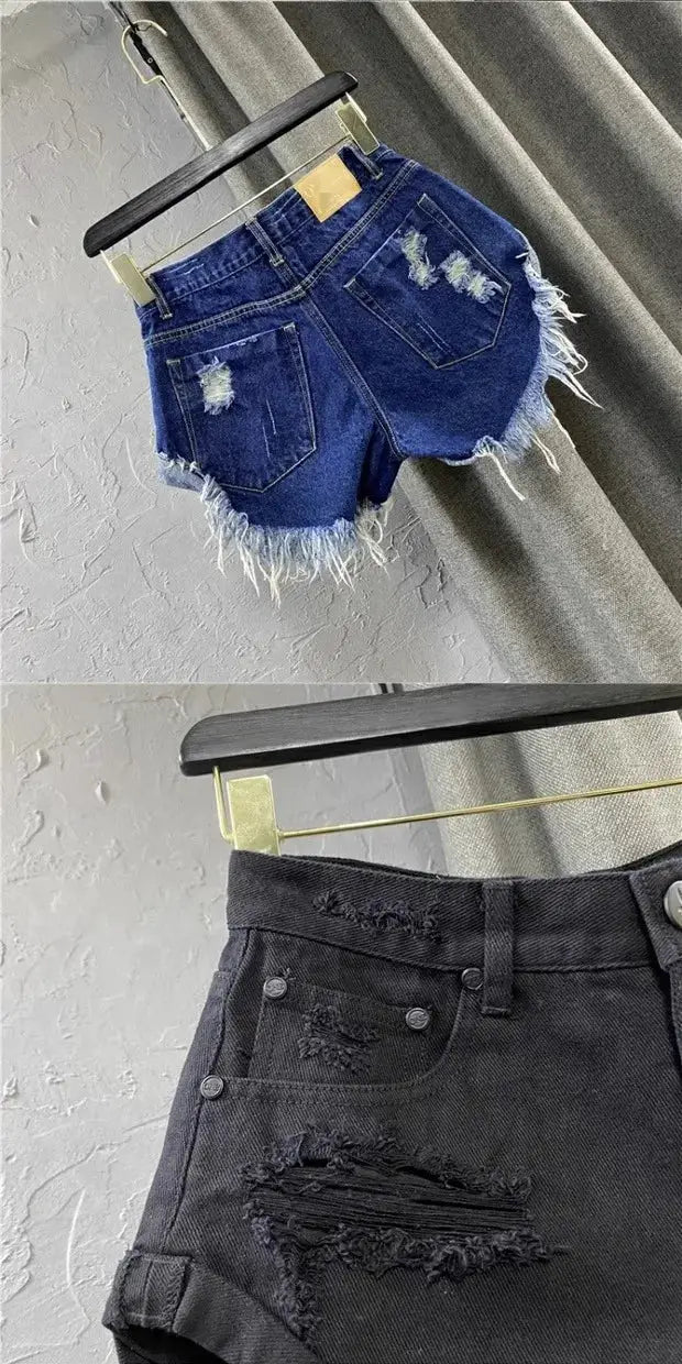 Two denim shorts for women: blue distressed with frayed hems and black ripped denim