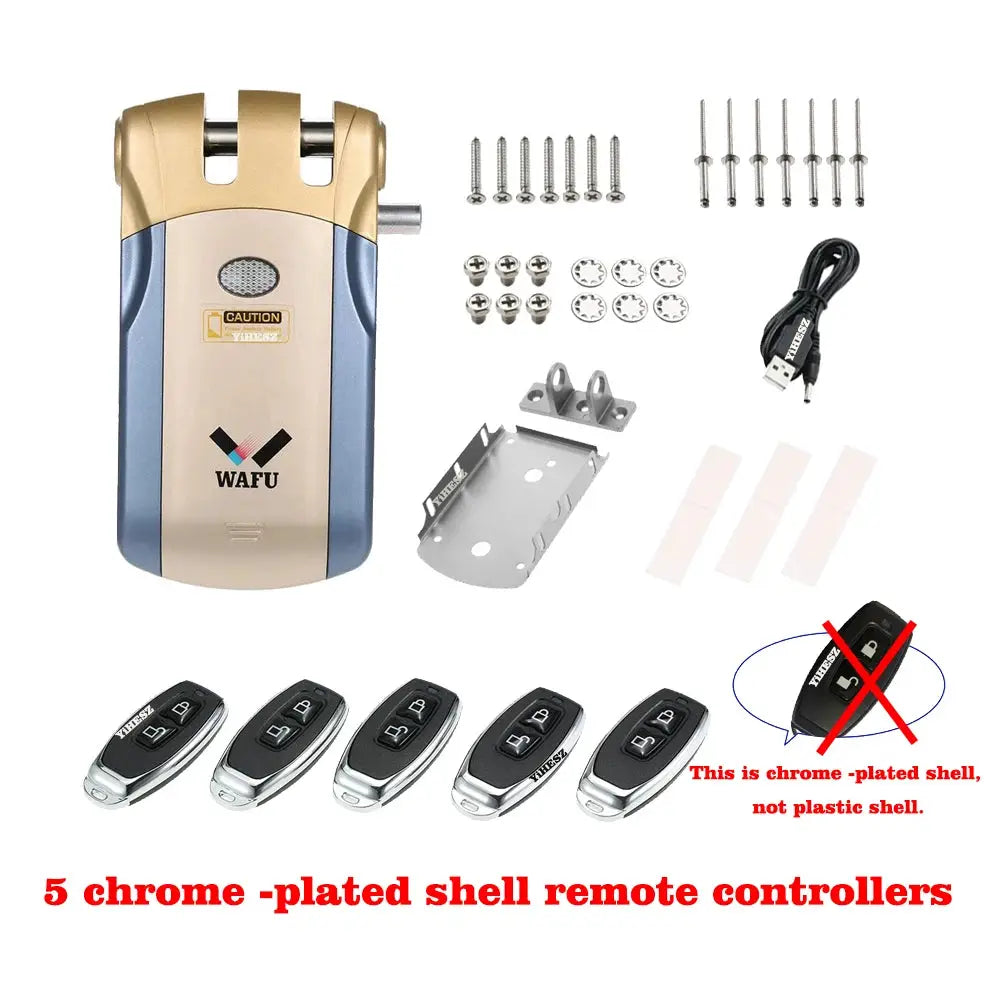 Wafu 019 remote control door lock by Simples Market, blue and gold body with 5 chrome-plated remote controllers