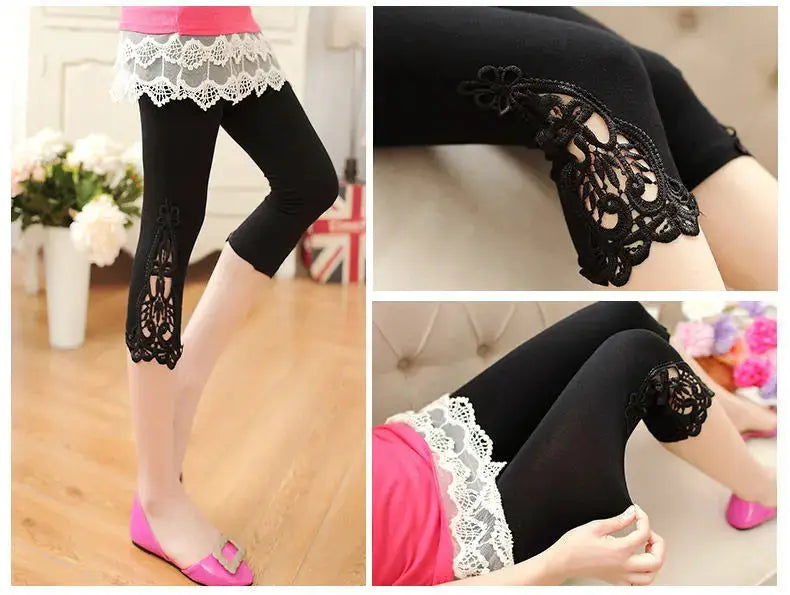 Women's cropped black leggings with hollow lace cuffs, 3/4 length, stretchy modal fabric