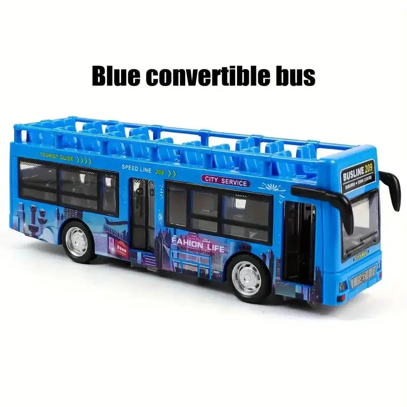 Double Decker Sightseeing Bus Model Die Cast Pull Back Toy Open Doors with Light Music for Boys