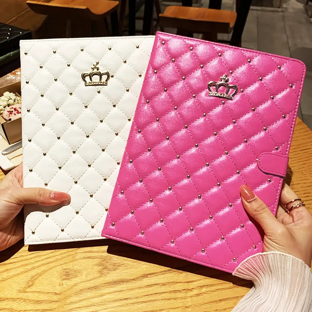 Ipad Lambskin Stand Smart Case Crown Rivet Design Plaid Pattern Scratch Resistant PU Leather