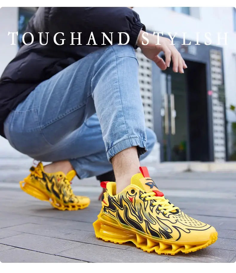 Men's yellow flame-pattern sneakers with red laces and chunky sole