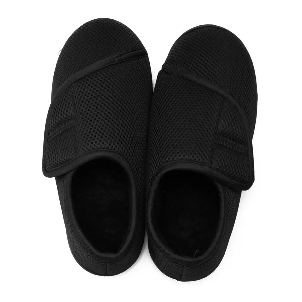 Simples Market unisex diabetic walking shoes, wide fit, black mesh upper with plush lining; hook-and-loop pair.