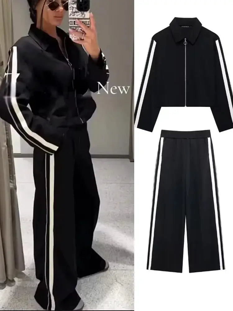 2024 New Women Patchwork Black White Baggy Pants Short Jacket Set