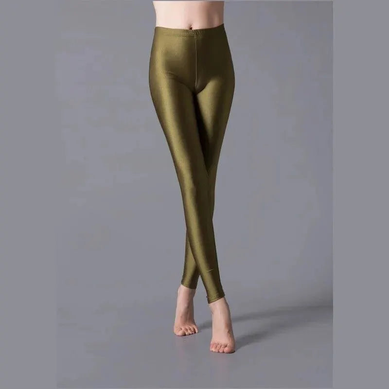 Shiny olive-green high-elastic skinny leggings for women