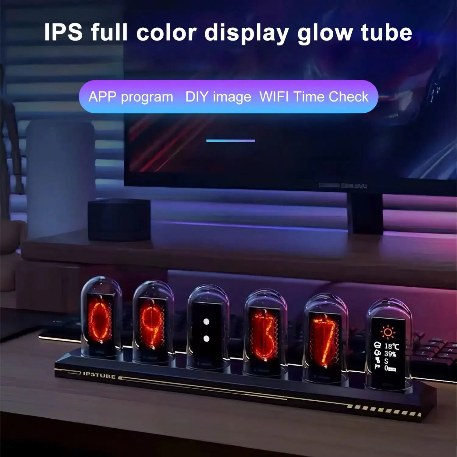 RGB Nixie Tube Clock with IPS color display on a desk, glowing glass tubes for gaming and home decor