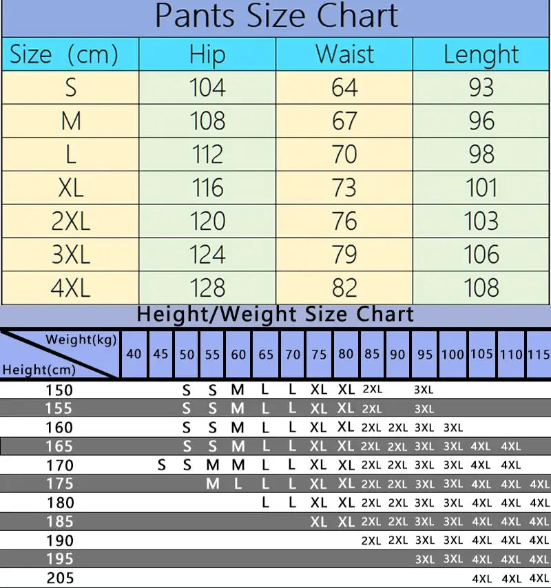 Pants size chart showing hip, waist and length for S–4XL and height/weight mapping