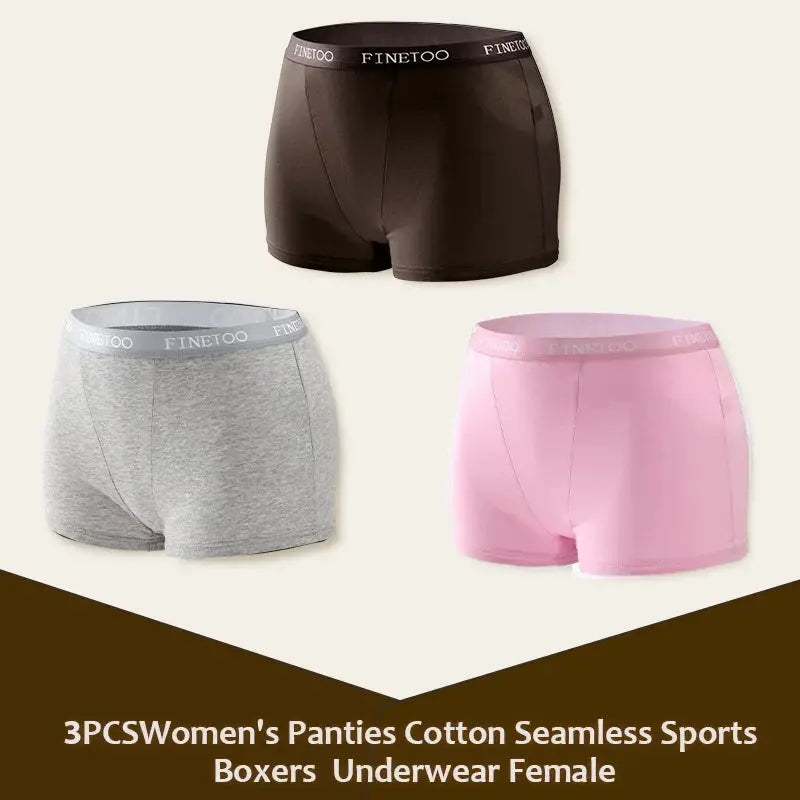 3-pack women's cotton seamless sports boxers underwear in brown, gray and pink with Finetoo waistband