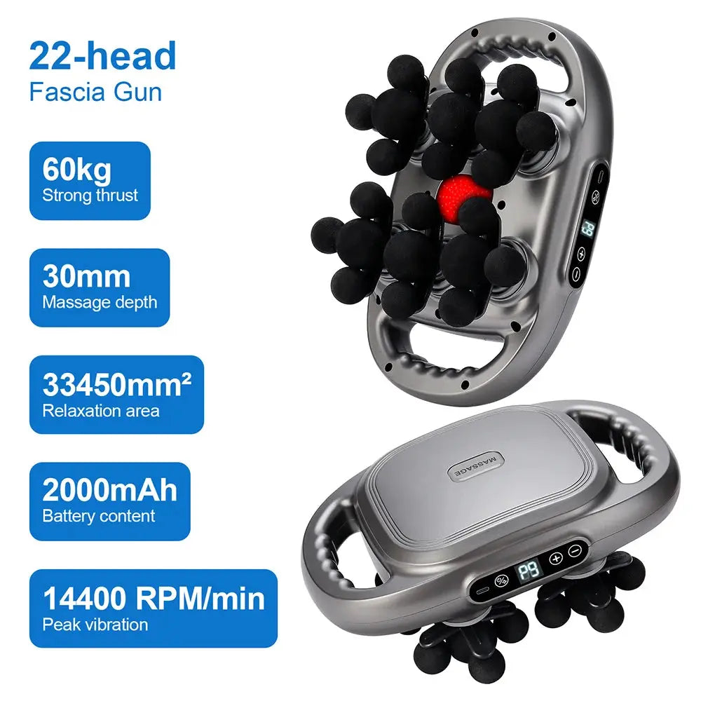 42-head fascia gun massager with gray body and black spherical heads, side digital controls.