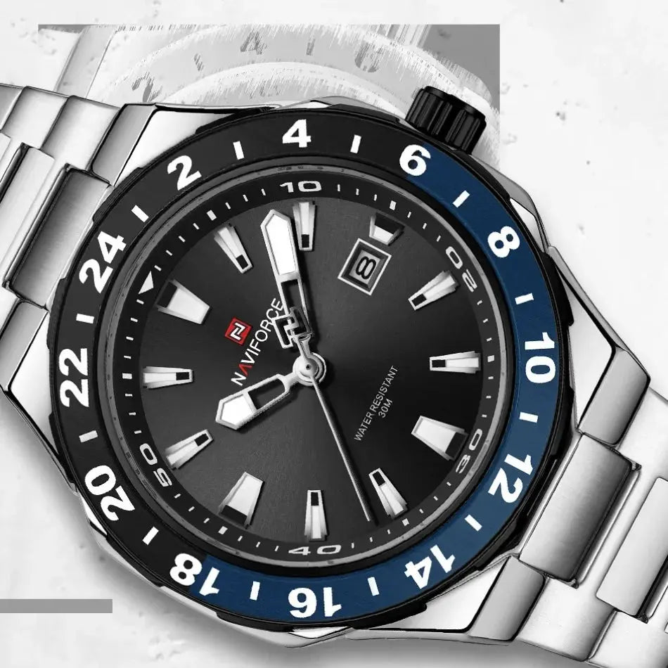 Naviforce quartz wristwatch with stainless steel bracelet, black dial, luminous hands, date, blue bezel.
