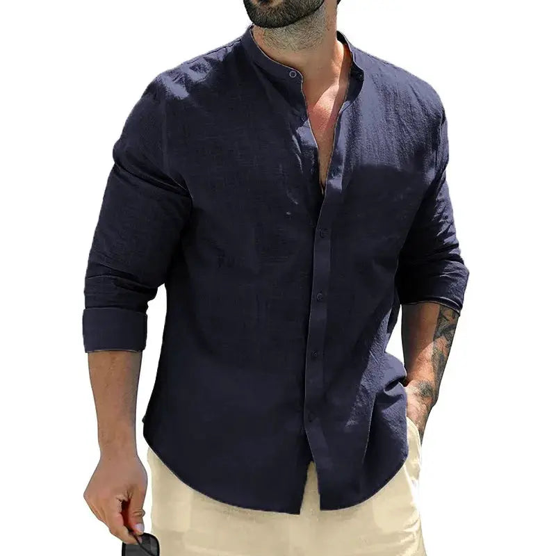 Autumn Mens Long Sleeve Cotton Shirt For Business Casual Solid Color Breathable Streetwear Button Front White
