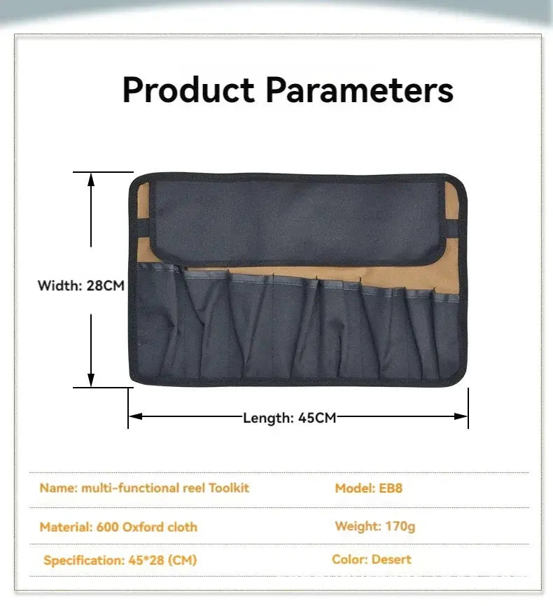 Oxford cloth roll tool pouch with multiple pockets in desert color, 45x28 cm