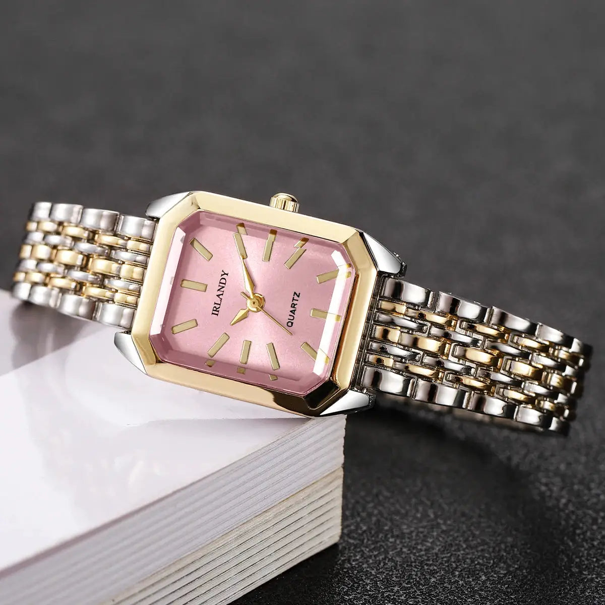 Irlandy quartz women's rectangle watch with pink dial and two-tone stainless steel strap