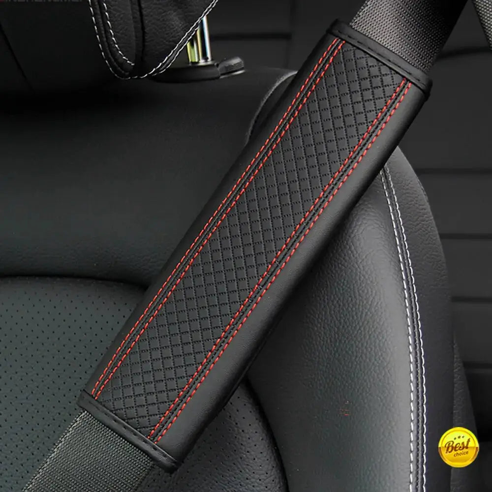 PU leather seat belt shoulder cover with diamond-embossed pattern and red stitching