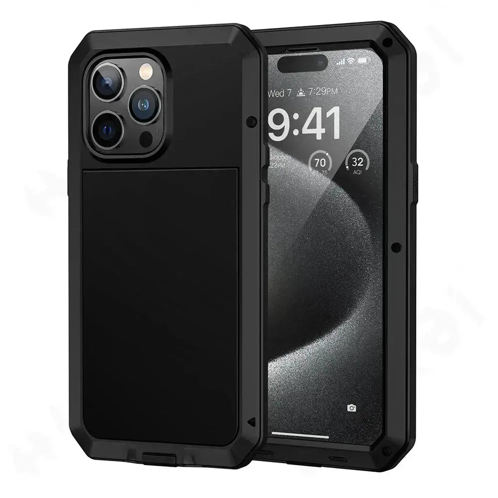 iPhone rugged aluminum tank case with screen film, black heavy-duty shockproof armor