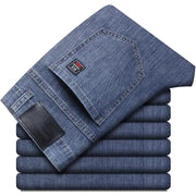 Simples Market men's blue denim jeans with elastic stretch, casual straight-leg cotton trousers, stacked
