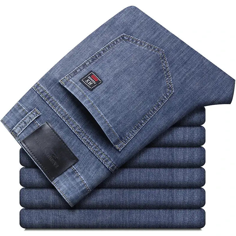 Simples Market men's blue denim jeans with elastic stretch, casual straight-leg cotton trousers, stacked