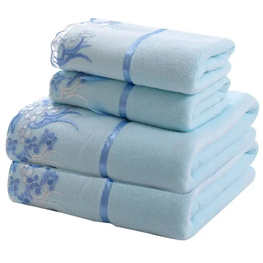 Lace-embroidered microfiber bath towel set, blue, 4-piece for adults, quick-dry family towels
