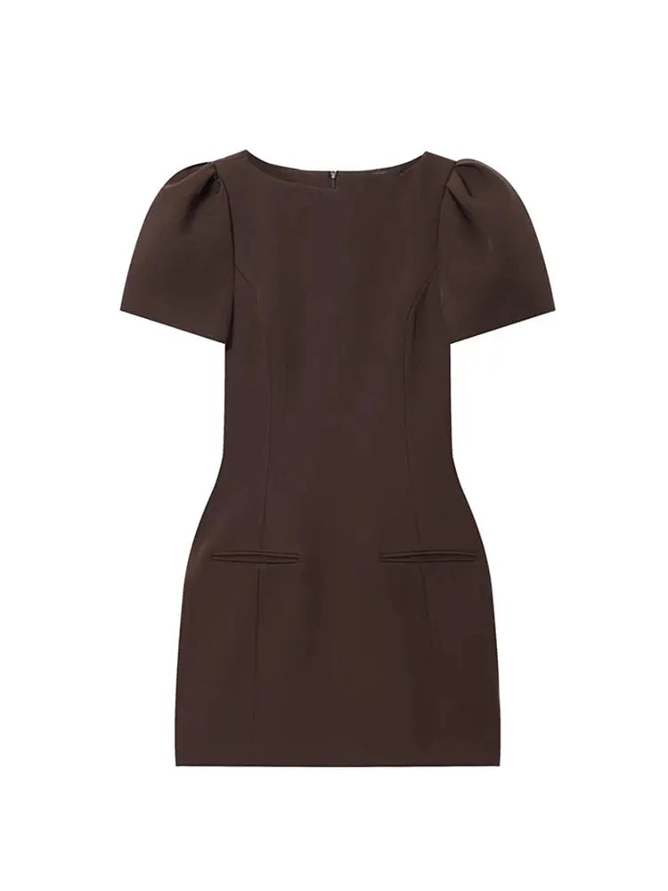 TFMLN Elegant Women Short Sleeve Mini Dress Slim Fit High Waist Solid