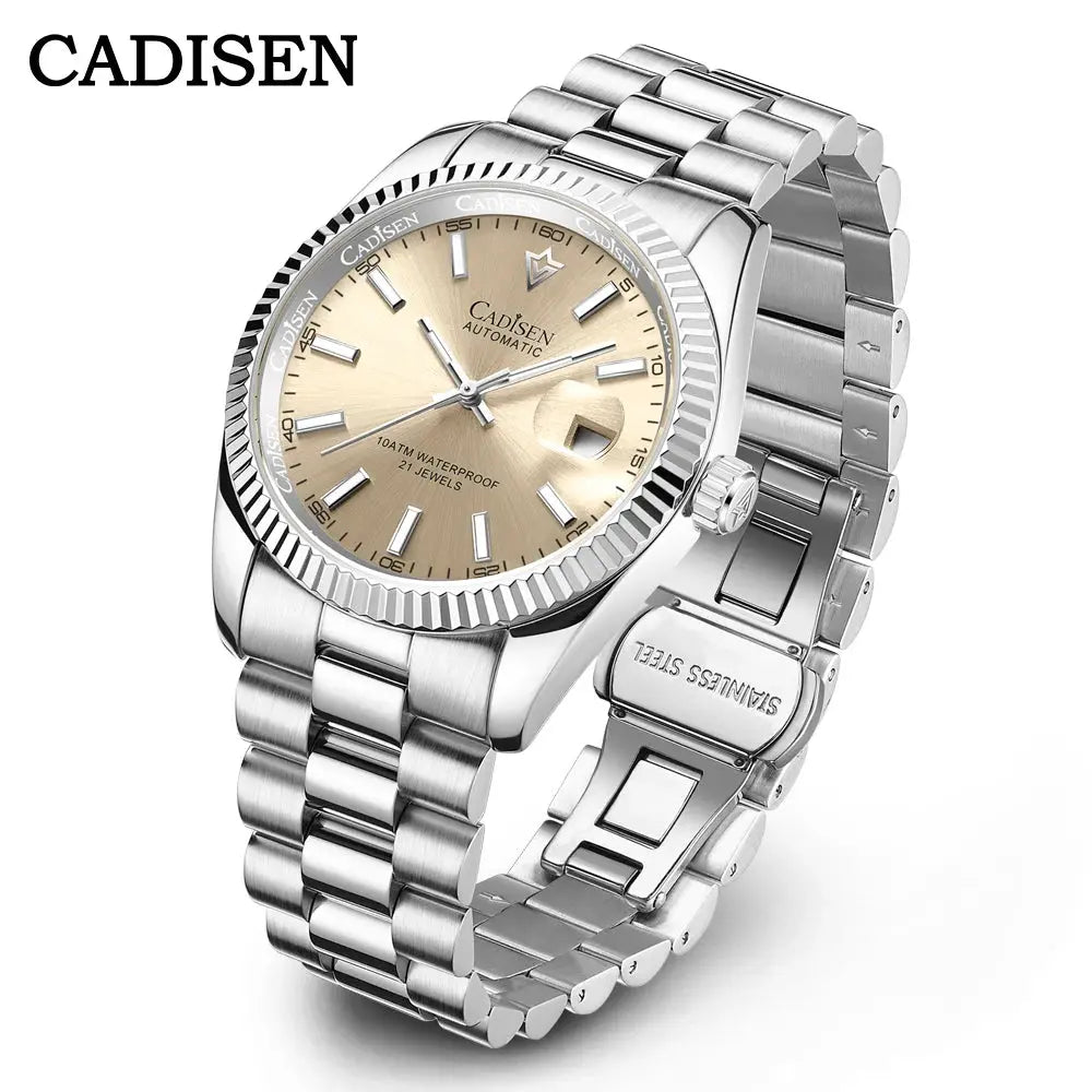 CADISEN stainless steel men's automatic watch with gold dial, luminous hands, and 100m water resistance