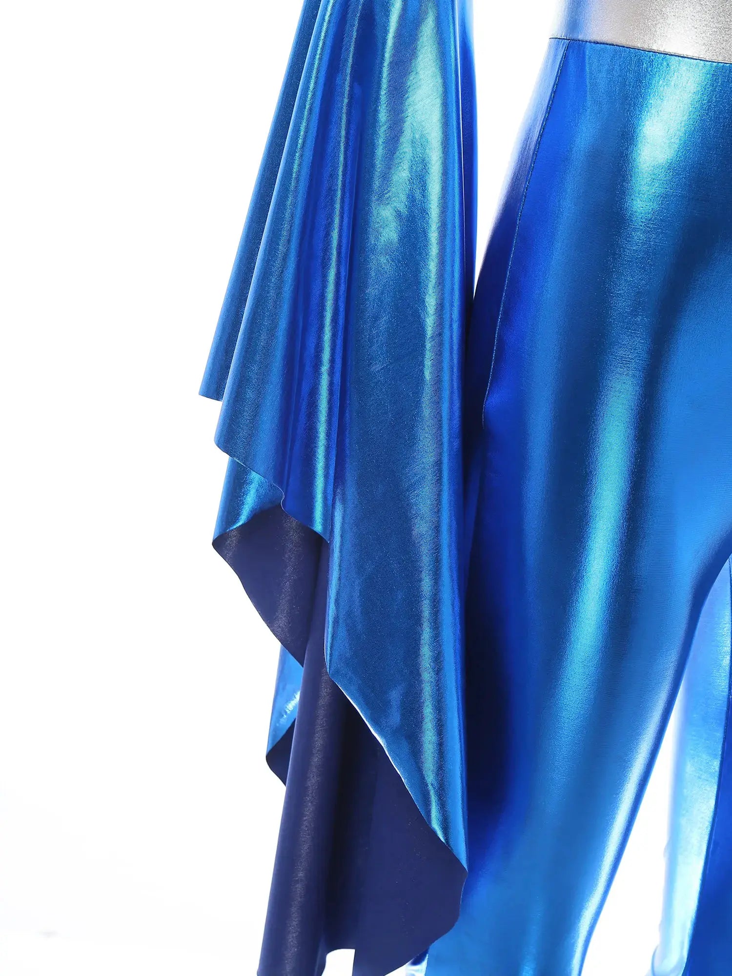 Womens metallic blue jumpsuit fabric; shiny satin-like drape with flare silhouette by Simples Market