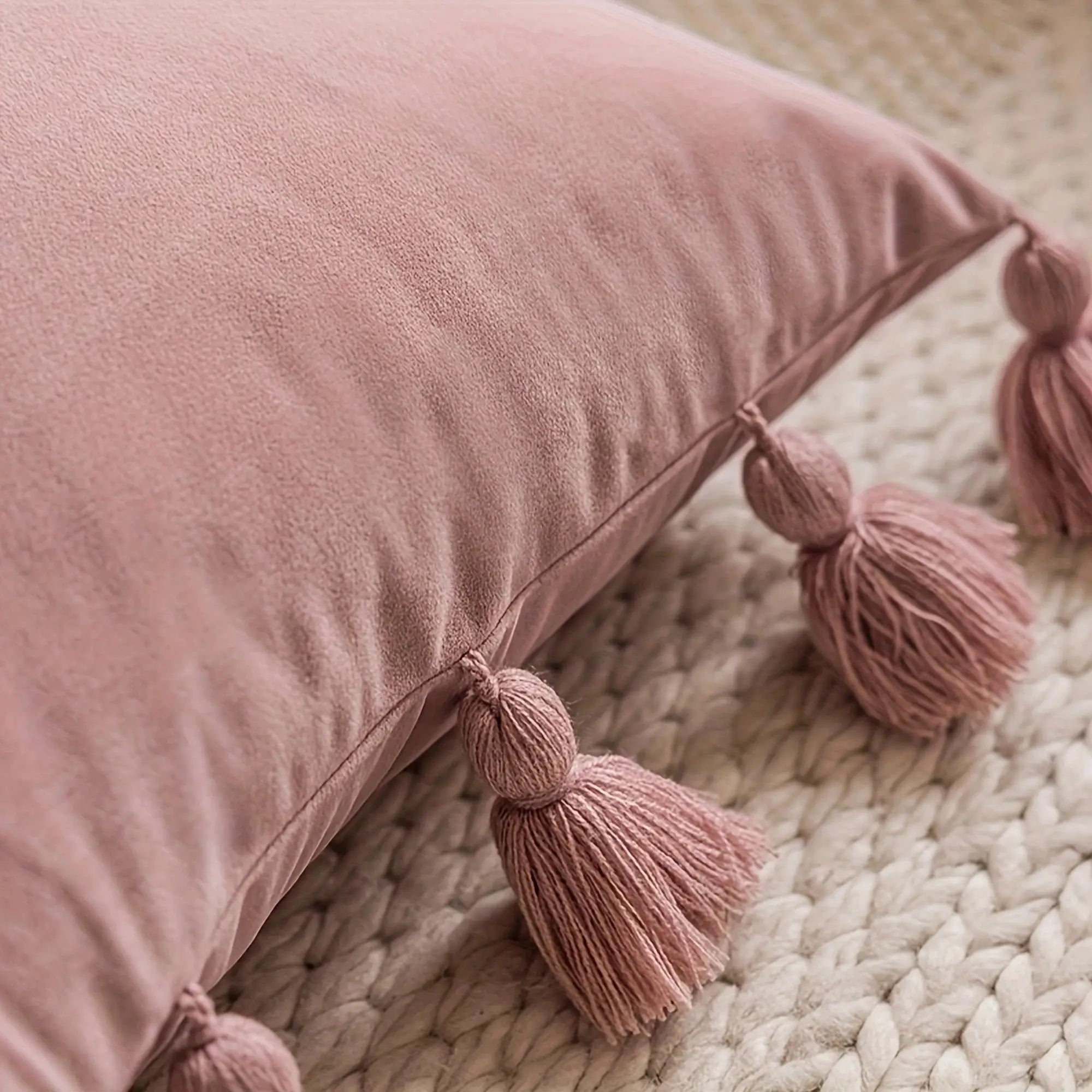 Throw pillow cover pink solid with tassel trim by Simples Market