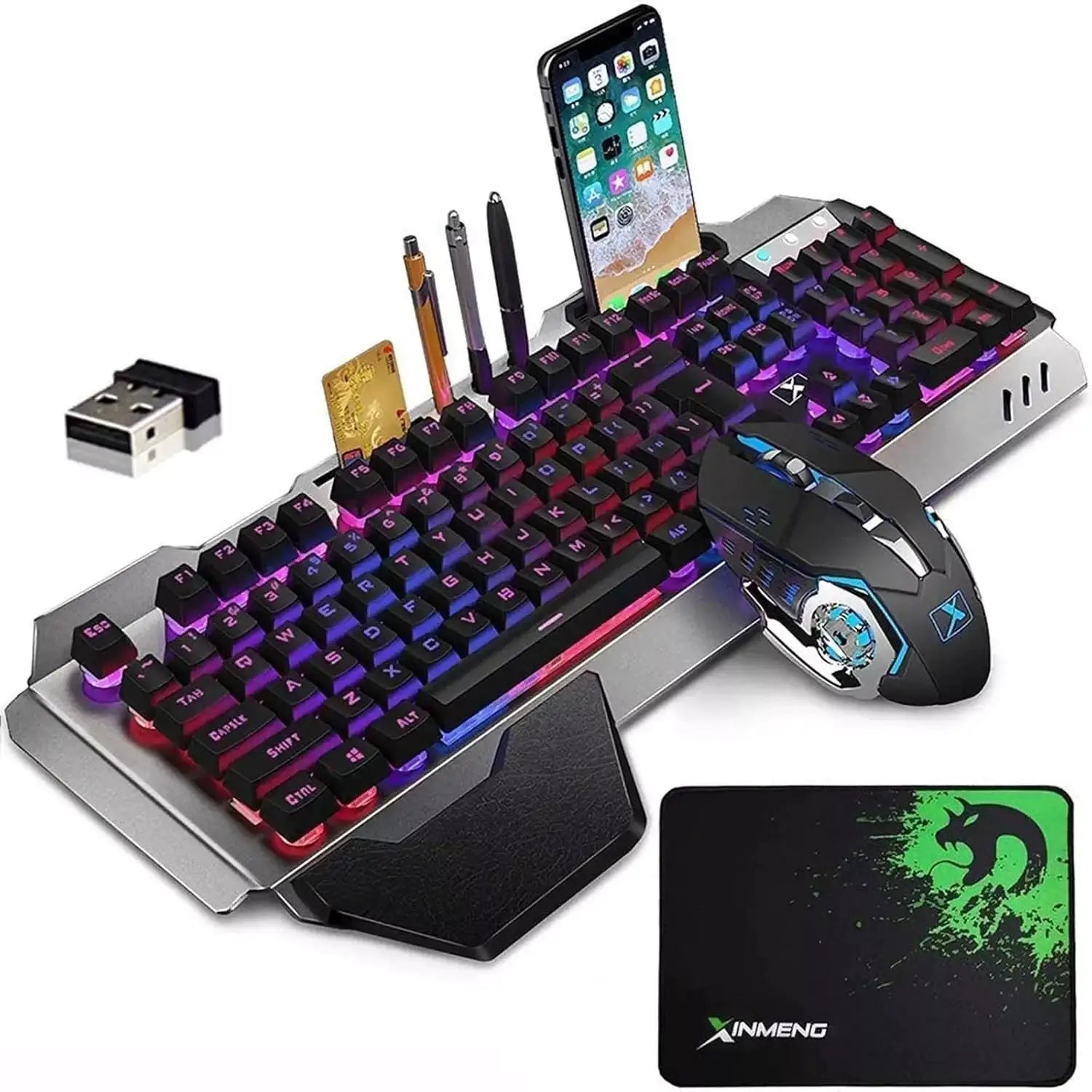 2-piece wireless keyboard and mouse set with rainbow RGB backlit keys and XINMENG mouse pad