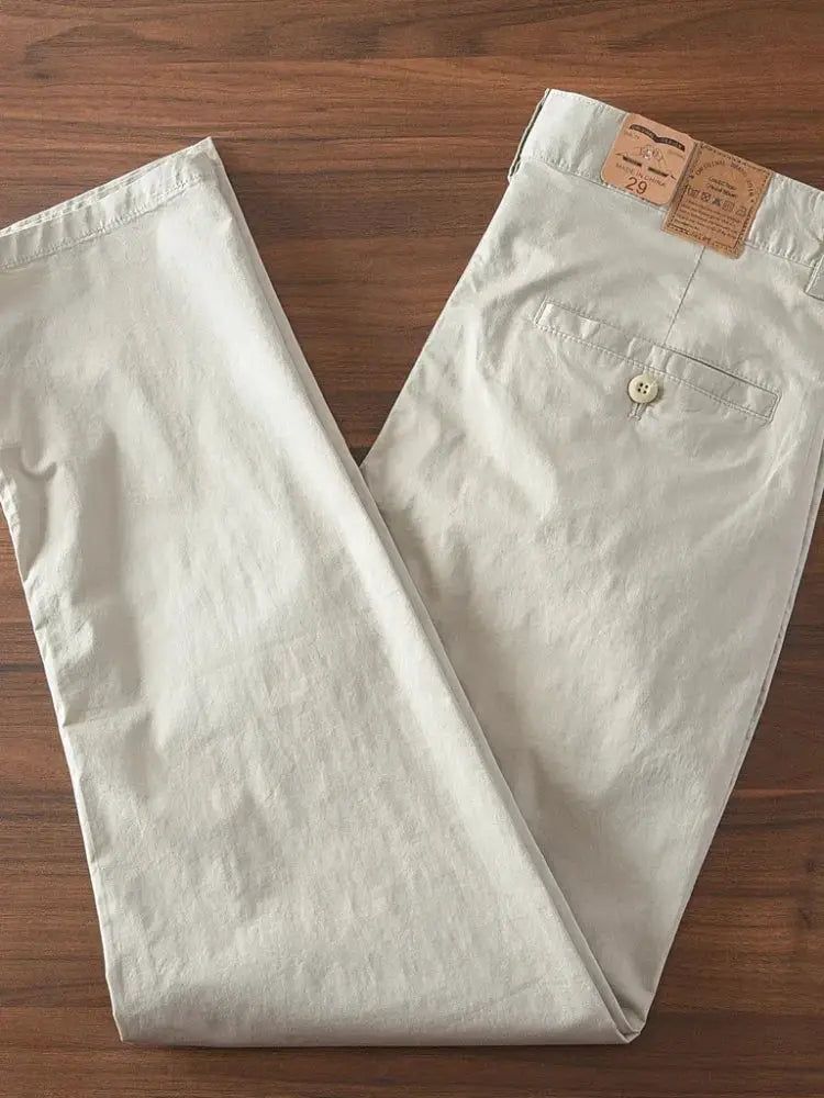 Chino pants by Simples Market, men's light beige cotton slim straight casual trousers with back pocket button.