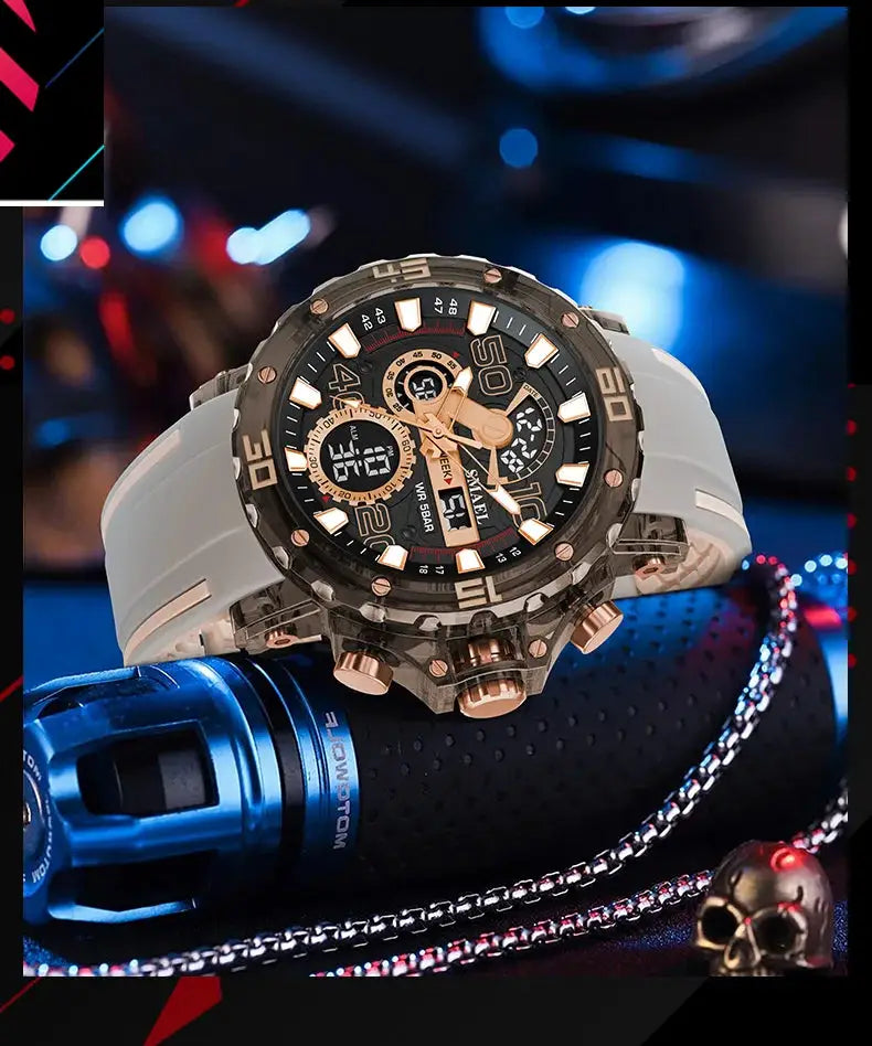 Simples Market men's military-style watch with gray strap, black dial, rose-gold accents