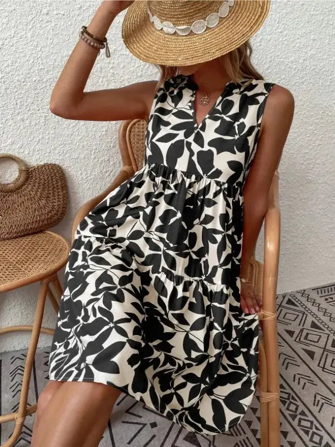 Women Boho Print Mini Dress Sleeveless V Neck Ruffle Beach Sundress