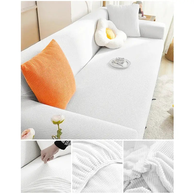 Elastic jacquard stretch sofa cover by Simples Market for 1–4 seat L-shaped sectional in white-gray fabric